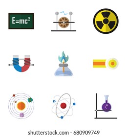 Flat Icon Knowledge Set Of Attractive Force, Chemical, Orbit And Other Vector Objects. Also Includes Atom, Molecule, Force Elements.