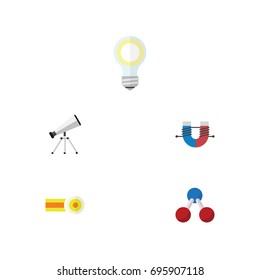 Flat Icon Knowledge Set Of Lightbulb, Nuclear, Attractive Force And Other Vector Objects. Also Includes Lightbulb, Light, Telescope Elements.