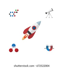 Flat Icon Knowledge Set Of Molecule, Attractive Force, Spaceship And Other Vector Objects. Also Includes Scope, Water, Magnet Elements.
