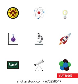 Flat Icon Knowledge Set Of Theory Of Relativity, Spaceship, Glass And Other Vector Objects. Also Includes Rocket, Telescope, Tube Elements.