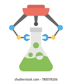
Flat icon of a laboratory flask and a scientific robot
