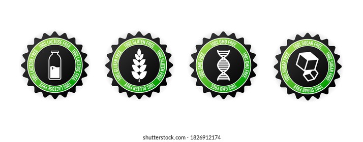 Flat icon with lactose gluten gmo sugar free stamp. Organic signs. Vector illustration.