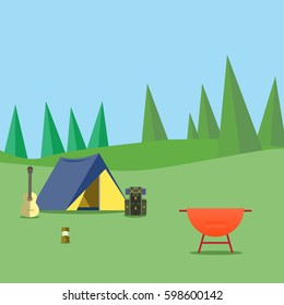 Flat icon landscape with camp tent