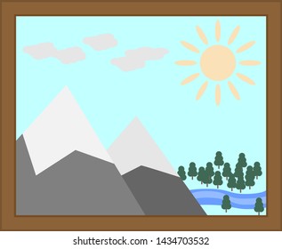 flat icon of landscape picture with the sun the mountains river and forest isolated