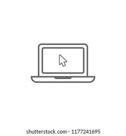 Flat icon of laptop in gray color on white background in outline style. Flat style with cursor on screen.