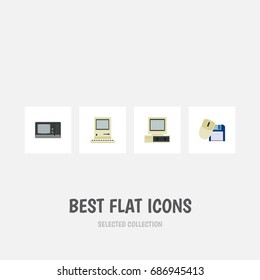 Flat Icon Laptop Set Of Computer Mouse, Computing, Vintage Hardware And Other Vector Objects. Also Includes Retro, Floppy, Mouse Elements.