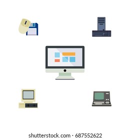 Flat Icon Laptop Set Of Computer Mouse, Processor, Technology And Other Vector Objects. Also Includes Retro, Mouse, Processor Elements.