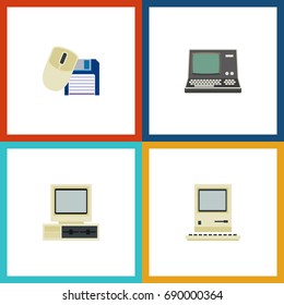 Flat Icon Laptop Set Of Computer, Computing, Technology And Other Vector Objects. Also Includes Vintage, Computer, Computing Elements.