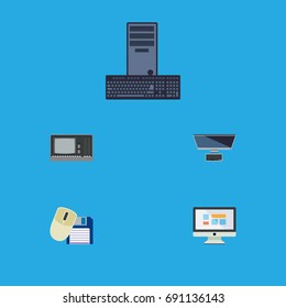 Flat Icon Laptop Set Of Computer Mouse, PC, Display And Other Vector Objects. Also Includes Processor, Vintage, Display Elements.