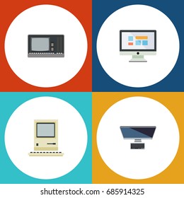 Flat Icon Laptop Set Of Display, PC, Computing And Other Vector Objects. Also Includes Retro, Personal, Monitor Elements.
