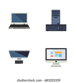 Flat Icon Laptop Set Of Notebook, PC, Display And Other Vector Objects. Also Includes Personal, Keyboard, Processor Elements.