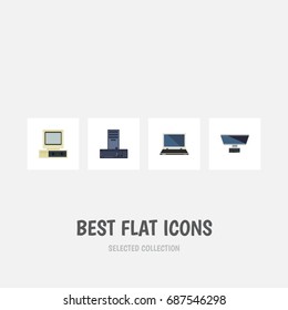 Flat Icon Laptop Set Of Notebook, Computer, Processor And Other Vector Objects. Also Includes Processor, Laptop, PC Elements.
