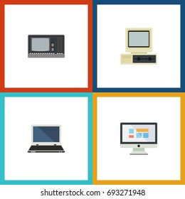 Flat Icon Laptop Set Of Notebook, Computer, Vintage Hardware And Other Vector Objects. Also Includes Display, Computer, Monitor Elements.