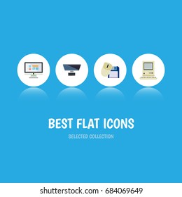 Flat Icon Laptop Set Of PC, Computer Mouse, Display And Other Vector Objects. Also Includes Computer, Screen, Monitor Elements.