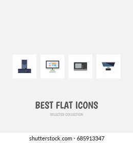 Flat Icon Laptop Set Of PC, Vintage Hardware, Processor And Other Vector Objects. Also Includes Display, Monitor, Keyboard Elements.