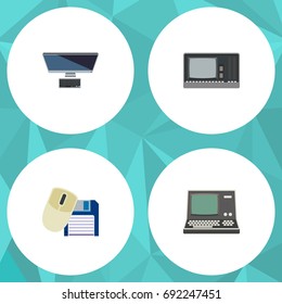 Flat Icon Laptop Set Of PC, Vintage Hardware, Computer Mouse And Other Vector Objects. Also Includes Personal, Retro, Computer Elements.