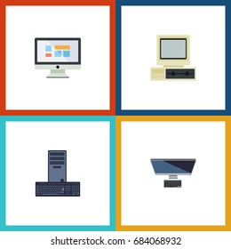 Flat Icon Laptop Set Of Processor, Computer, PC And Other Vector Objects. Also Includes Monitor, Processor, Retro Elements.