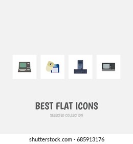 Flat Icon Laptop Set Of Processor, Vintage Hardware, Computer Mouse And Other Vector Objects. Also Includes Retro, Floppy, Keyboard Elements.