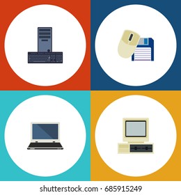 Flat Icon Laptop Set Of Processor, Computer, Notebook And Other Vector Objects. Also Includes PC, Floppy, Mouse Elements.