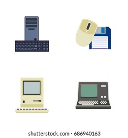 Flat Icon Laptop Set Of Processor, Computing, Technology And Other Vector Objects. Also Includes Mouse, Floppy, Retro Elements.