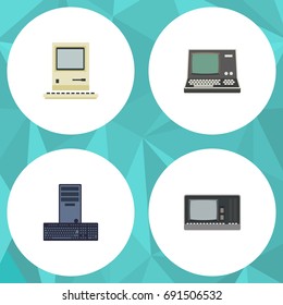 Flat Icon Laptop Set Of Processor, Vintage Hardware, Computing And Other Vector Objects. Also Includes Keyboard, Vintage, Computer Elements.