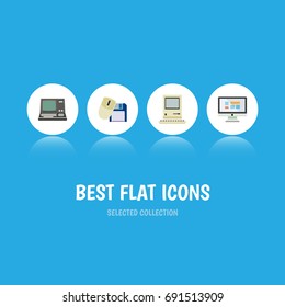 Flat Icon Laptop Set Of Technology, Computing, Display And Other Vector Objects. Also Includes Display, Floppy, Vintage Elements.