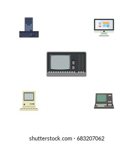 Flat Icon Laptop Set Of Vintage Hardware, Display, Processor And Other Vector Objects. Also Includes Computing, Monitor, Processor Elements.