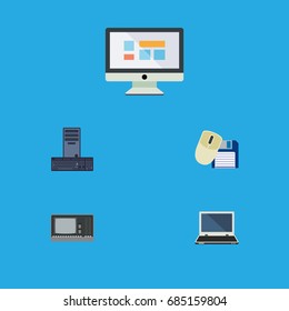 Flat Icon Laptop Set Of Vintage Hardware, Notebook, Display And Other Vector Objects. Also Includes Mouse, Keyboard, Screen Elements.