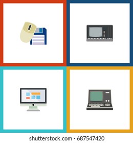 Flat Icon Laptop Set Of Vintage Hardware, Computer Mouse, Display And Other Vector Objects. Also Includes Monitor, Floppy, Screen Elements.