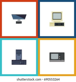 Flat Icon Laptop Set Of Vintage Hardware, Processor, Computer And Other Vector Objects. Also Includes Keyboard, Retro, Computer Elements.