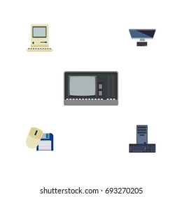 Flat Icon Laptop Set Of Vintage Hardware, Computing, Computer Mouse And Other Vector Objects. Also Includes Keyboard, Processor, PC Elements.