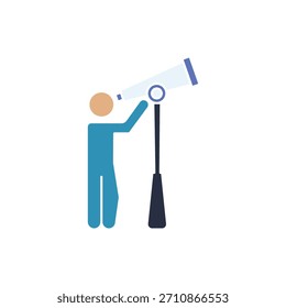 Icono plano de un líder mirando a través de un telescopio, simbolizando visión, estrategia, previsión y planificación. Ideal para conceptos de negocios, liderazgo y objetivos.