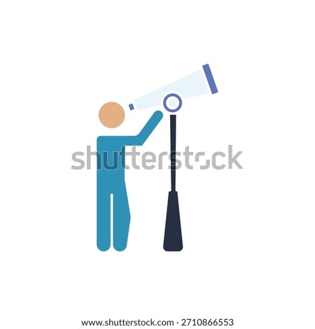 Flat icon of a leader looking through a telescope, symbolizing vision, strategy, foresight and planning. Ideal for business, leadership, and goal concepts.