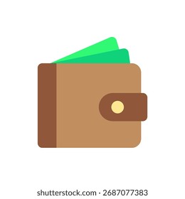 Ícone plano de uma carteira de couro com caixa visível dentro. Perfeito para recursos visuais de finanças, pagamentos on-line, orçamento pessoal e gráficos de aplicativos de compras digitais.