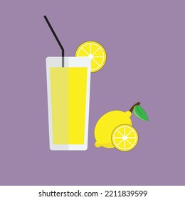 Flache Symbol-Limonade und Zitrone einzeln auf violettem Hintergrund. Vektorgrafik.