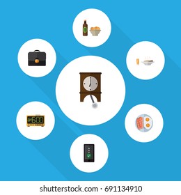 Flat Icon Life Set Of Beer With Chips, Lunch, Clock And Other Vector Objects. Also Includes Sausage, Suitcase, Pendulum Elements.