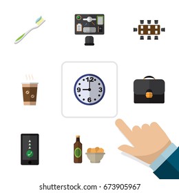 Flat Icon Life Set Of Briefcase, Cappuccino, Beer With Chips And Other Vector Objects. Also Includes Time, Snack, Clock Elements.
