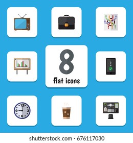 Flat Icon Life Set Of Briefcase, Cellphone, Cappuccino And Other Vector Objects. Also Includes Suitcase, Clock, Coffee Elements.