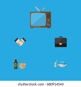 Flat Icon Life Set Of Briefcase, Beer With Chips, Television And Other Vector Objects. Also Includes Drink, Broadcast, Food Elements.