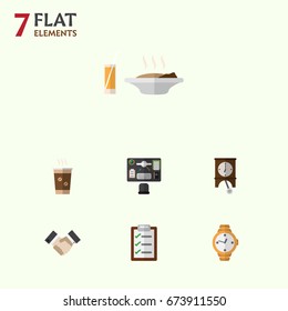 Flat Icon Life Set Of Bureau, Timer, Clock And Other Vector Objects. Also Includes Wristwatch, Desk, Partnership Elements.