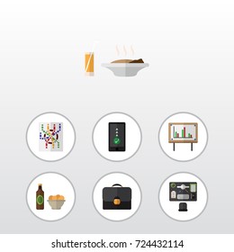 Flat Icon Life Set Of Bureau, Beer With Chips, Cellphone And Other Vector Objects. Also Includes Food, Router, Map Elements.