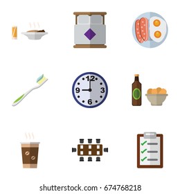 Flat Icon Life Set Of Cappuccino, Lunch, Watch And Other Vector Objects. Also Includes Bedroom, Breakfast, Drink Elements.