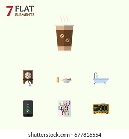 Flat Icon Life Set Of Cappuccino, Lunch, Electric Alarm And Other Vector Objects. Also Includes Router, Smartphone, Shower Elements.