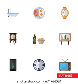 Flat Icon Life Set Of Cellphone, Whiteboard, Timer And Other Vector Objects. Also Includes Bath, Chart, Presentation Elements.