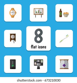 Flat Icon Life Set Of Clock, Cellphone, Beer With Chips And Other Vector Objects. Also Includes Smartphone, Snack, Whiteboard Elements.