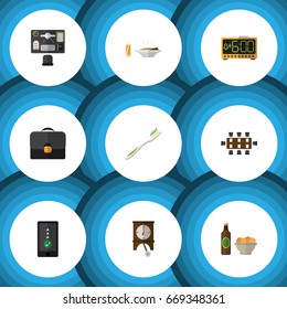 Flat Icon Life Set Of Dental, Clock, Briefcase And Other Vector Objects. Also Includes Pendulum, Office, Pasta Elements.