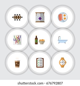 Flat Icon Life Set Of Fried Egg, Tub, Cappuccino And Other Vector Objects. Also Includes Beer, Form, Bedroom Elements.