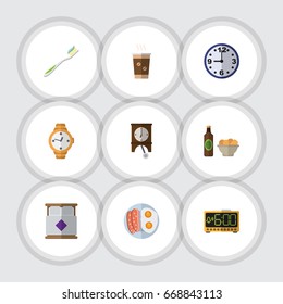 Flat Icon Life Set Of Mattress, Fried Egg, Timer And Other Vector Objects. Also Includes Chips, Cup, Breakfast Elements.