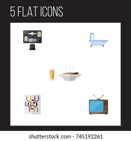 Flat Icon Life Set Of Router, Television, Lunch And Other Vector Objects. Also Includes Bureau, Broadcast, Map Elements.