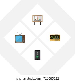 Flat Icon Life Set Of Television, Cellphone, Electric Alarm And Other Vector Objects. Also Includes Television, Alarm, Chart Elements.